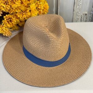 David & Young Tan Straw Fedora Hat with Blue Band and Under Brim
